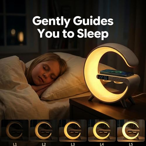 Smart LED Table Lamp,4-in-1 Wireless Charger with Speaker,Night Light, Alarm Clock, and Bluetooth Speaker with App Control, Ideal Gifts for Home, Office, Christmas(White) - color: White