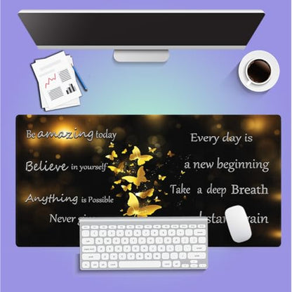 Large Gaming Mouse Pad (31.5" x 15.8")- Inspirational Quotes for a New Beginning Gold Butterflies, Extra XXL Office Accessories, Premium Stitched Anti-Slip Office Desk Mat - color: Golden Glitter