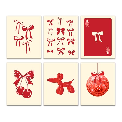 Isfvqyub Preppy Red Bow Wall Art, Aesthetic Coquette Lucky 8 Balls Poster For Girl Women, Trendy Girly Disco Ball Wall Decor For Bedroom Dorm College Apartment, Set Of 6 -A11 - size: Red Bow