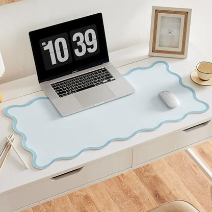 Blue Scalloped Desk Mat, 31.5" x 15.7", PU Leather, Waterproof Anti-Slip, Cute Aesthetic Desk Pad for Office/Home/Game - color: Blue