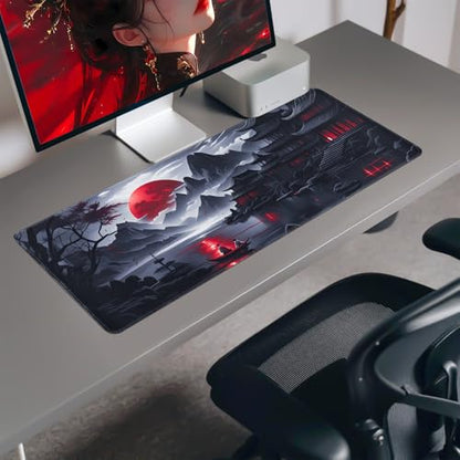 FreeNook Large Gaming Mouse Pad, Anime Black Mousepad with Stitched Edges, Expanded Cool Desk Mat, Japanese Red Moon XL Keyboard Mat Suitable for Home Office,31.5 X 11.8 Inch - color: RedMoon, size: 31.5L x 11.8W inches
