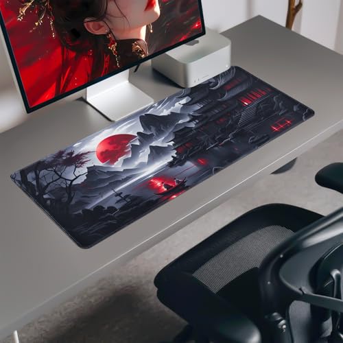 FreeNook Large Gaming Mouse Pad, Anime Black Mousepad with Stitched Edges, Expanded Cool Desk Mat, Japanese Red Moon XL Keyboard Mat Suitable for Home Office,47.2 x 23.6 Inch - color: RedMoon, size: 47.2L x 23.6W inches