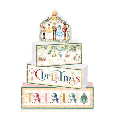 Britimes 4 Pcs Christmas Nutcracker Table Decor Christmas Tiered Tray Decorations Set Nutcracker Stack Block Signs Gift Rustic Farmhouse Tabletop Decor for Table & Home Office - style: Christmas Nutcracker