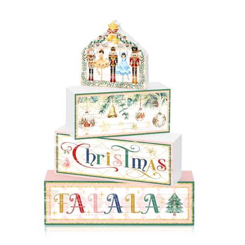 Britimes 4 Pcs Christmas Nutcracker Table Decor Christmas Tiered Tray Decorations Set Nutcracker Stack Block Signs Gift Rustic Farmhouse Tabletop Decor for Table & Home Office - style: Christmas Nutcracker