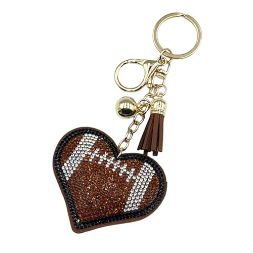 Rhinestone Heart Sports Keychain for Women Men, Bling Baseball Football Tennis Volleyball Love Heart Keyring with Tassel - color: Football a
