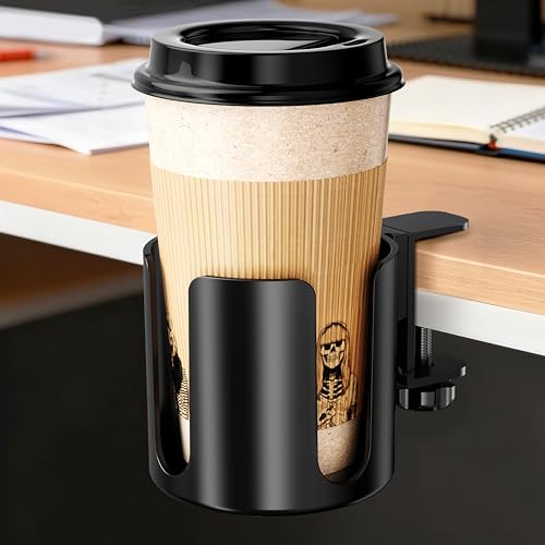 Desk Cup Holder Clip On with Buckle Clamp,Deeper Anti-Spill Drink Table Holder for Water Bottles & Coffee Mugs,Adjustable Large Metal Clamp Fits Desks for Office & Gaming,Home,Black - size: 3.94"L x 3.94"W x 3.94"H
