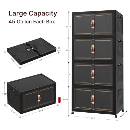 1136QT Extra Large Stackable Storage Bins with Lids & Wheels & Door, 284Gal Foldable Collapsible Closet Organizers, Plastic containers drawers for bedroom Dorm - color: Black