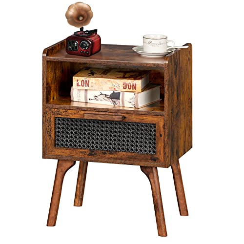 Lerliuo Rattan Nightstand, Boho Side Table with Drawer Open Shelf, Cane Accent Bedside End Table with Solid Wood Legs for Bedroom, Dorm and Small Spaces (Brown) - color: Brown, size: 1 pack