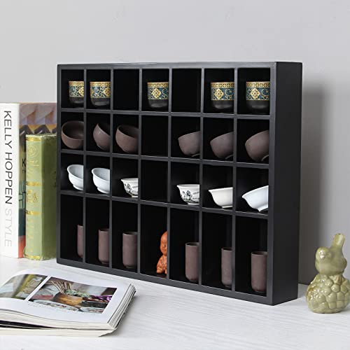 Black Shot Glass Display Case 18" x13" Solid Wood Wall Mounted Collection Cabinet 28 Slots Small Curio Cabinet Rack (No Door) - color: Black
