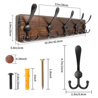 2 Pack Coat Rack Wall Mount 16.8'' Rustic Hat Rack with 5 Triple Hooks Coat Hooks Wall Mount Farmhouse Wall Hooks for Hanging Coat, Bags, Towels - color: Brown Plate & Black Hook, size: 2 Item-5 Hooks