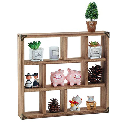 17.7x15.7-Inch Shadow Box Shelf 9-Slot Rustic Wood Floating Shelves Larger Shelf Lightweight Solid Wood Display(Set of 2,9C-Brown) - color: 9c-brown, size: 2 PCS