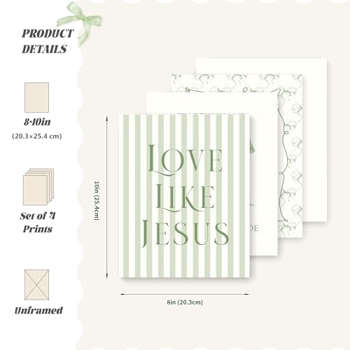 LARTSFRO Coquette Sage Green Bow Jesus Wall Art Decor Posters, Green Bow Christian Room Bedroom Bathroom Wall Art Decor Aesthetic for Teen Girls Gifts, Inspirational Bible Verses Bow Wall Decor, 8x10 Inch Set of 4 Bow Pictures(UNFRAMED) - color: green bow