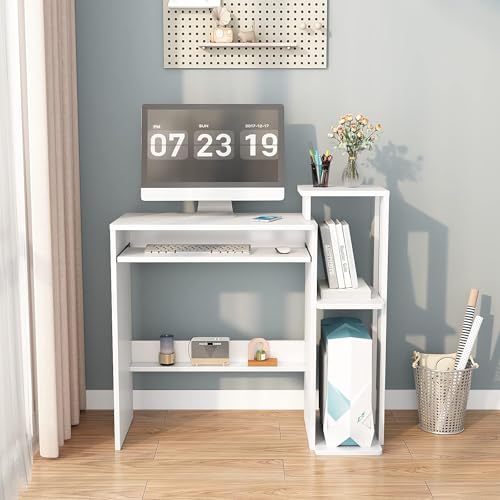 35" Compact Computer Desk with 3-Tier Storage Shelves & Keyboard Tray – Small Study Table for Bedroom or Home Office (White) - color: White