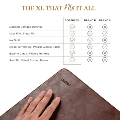 Cossini XL Desk Pad - Large Vegan Leather Desk Mat (17 x 36) - Buttery Smooth Writing, Damage Blocking, Non-Slip, Waterproof - Home Office Computer Desk Protector Blotter Laptop Keyboard Mouse Pad - color: Brown