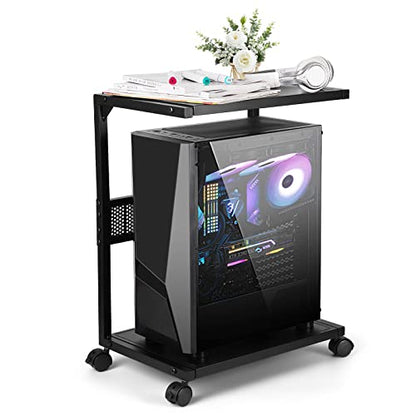 Bfttlity PC Stand Computer Tower Stand 2-Tier Metal CPU Holder with Locking Caster Wheels Suitable for Most PC (S, Black) - size: Small-Black