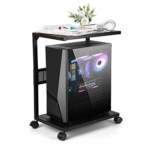 Bfttlity PC Stand Computer Tower Stand 2-Tier Metal CPU Holder with Locking Caster Wheels Suitable for Most PC (S, Black) - size: Small-Black