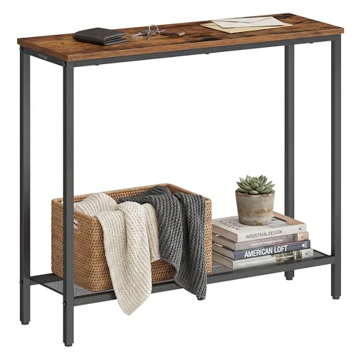 VASAGLE BARNET Collection - Console Table, Thin Narrow Entryway Doorway Table, One Piece Top, for Hallway Bedroom, Steel Frame, Modern, 2 Tier, Mesh Shelf, Rustic Brown and Ink Black ULNT036KD01S - color: Rustic Brown + Ink Black, size: 2 Tiers (9.4"D x 3