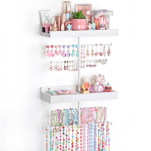 Keebofly Wall Mounted Jewelry Organizer with 2 Tired Shelves & Ring Holder- Jewelry Holder Wall Storage Display for Earrings, Necklace, Bracelet, Hair Accessories for girls in Bathroom Bedroom, White - color: White with 2-Tiered Shelf and Ring Holder