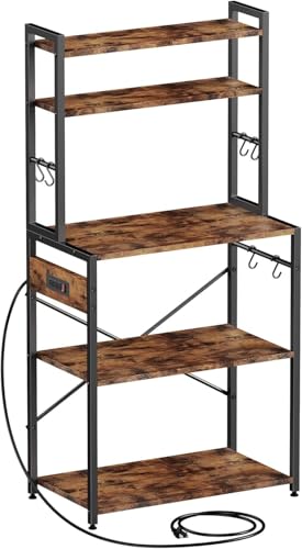 Luckyeestar Kitchen Baker’sRack Coffee Bar - Metal Storage Shelf for Microwave, Spice Organizer, Freestanding Kitchen Cart with Hooks,25 inch with Power Outlet - size: 5-Tier 25 inches