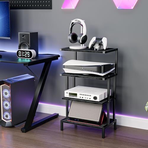 Aquzee Media Stand, Gaming Shelf, 4 Tier Small Electronics Shelves Video Game Console Organizer Cabinet, Wood Stereo Racks AV Shelves for Entertainment Center Storage, Recreation Room Furniture,Black - color: Black, size: Regular model (standard)