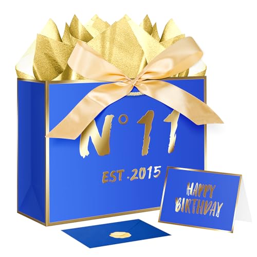JWSCYSY 11th Blue Birthday Gift Bag with Card, Tissue Paper and Ribbon for Men Boys Birthday Party Favor, Presents Wrapping (12.6" EST 2015) - color: 11TH