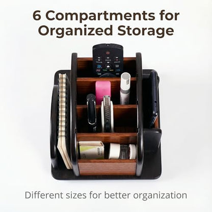 Wooden Desk Organizer with 6 Compartments, Remote Control Holder, Office Storage Caddy, Black and Brown Desk Organizer for Office Supplies
