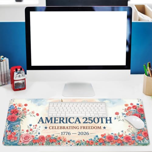 America 250 Gaming Mouse Pad Flowers Floral America Flag Large Gaming Mouse Mat with Stitched Edges,Non-Slip Waterproof Rubber Base Mous Mat 31.5x11.8 Inch - color: America 250, size: 31.5" x 11.8"