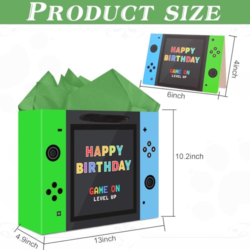 Video Game Birthday Gift Bags, 13 inch Large, with Tissue Paper and Card