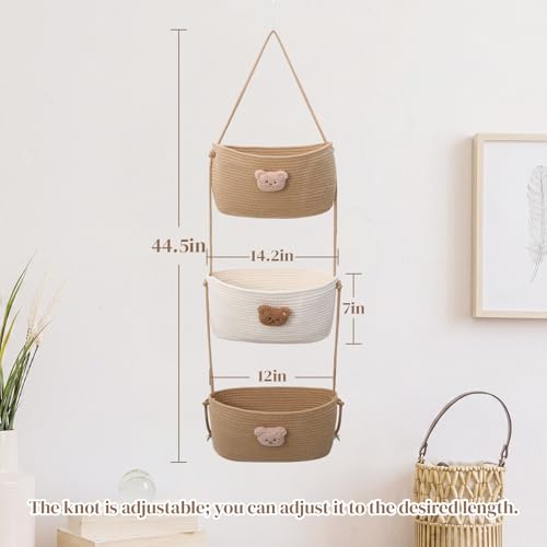 FoldTier Over the Door Hanging Basket 3 Tier Wall Mounted Organizer Bag with Bear Decoration Woven Cotton Boho Storage Hanging Nursery Baskets with Hooks for Nursery Living Room Bedroom Kitchen