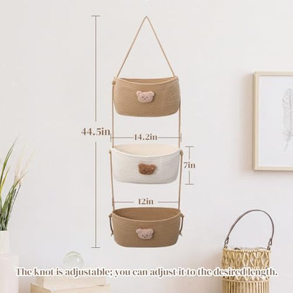 FoldTier Over the Door Hanging Basket 3 Tier Wall Mounted Organizer Bag with Bear Decoration Woven Cotton Boho Storage Hanging Nursery Baskets with Hooks for Nursery Living Room Bedroom Kitchen