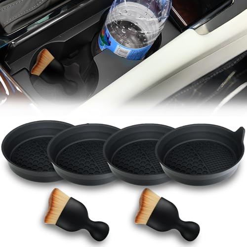 Car Cup Coasters, Silicone Cup Holder Insert (4 Pack) with Auto Detail Brush (2 Pack), Non-Slip Raised Edge Spill Guard Car Interior Accessories, Universal for SUV, Sedan, Truck (Black) - size: Style 2
