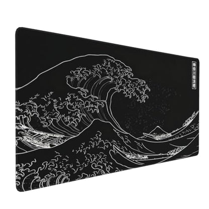 Japanese Gaming Mouse Pad XXL Black Mouse Pad Kanagawa Large Mousepad Non-Slip Rubber Base Waterproof with Stitched Edges for Gaming Office Home, 35.4x15.7x0.12 Inch (Black Wave) - color: Kanagawa Wave, size: 35.4Lx15.7W inches
