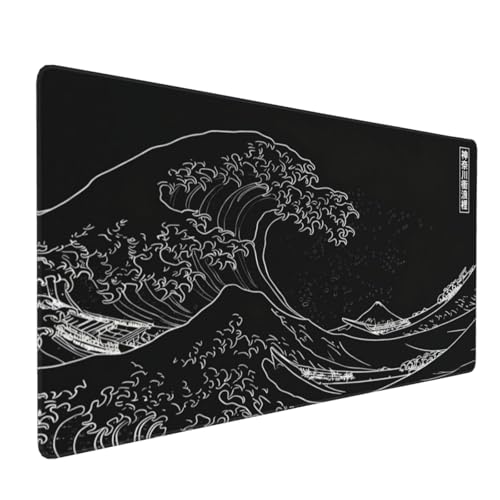 Japanese Gaming Mouse Pad XXL Black Mouse Pad Kanagawa Large Mousepad Non-Slip Rubber Base Waterproof with Stitched Edges for Gaming Office Home, 35.4x15.7x0.12 Inch (Black Wave) - color: Kanagawa Wave, size: 35.4Lx15.7W inches