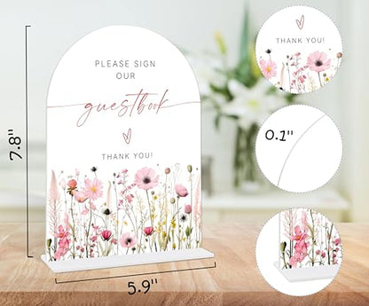 Pink Flower Please Sign Our Guestbook Sign, Wedding Guest Book Alternative, Bridal Shower Centerpieces, Wedding Reception Decorations, Acrylic Arch Bridal Shower Signs With Base-12 - color: Please Sign12