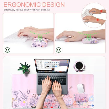Petmolico Mouse Pad Set with Computer Keyboard Desk Pad,Mouse Pad with Wrist Rest,Typing Wrist Pad and Cup Coasters,Ergonomic Design for Typing Pain Relief【Pink,Wild Flowers】 - color: Pink
