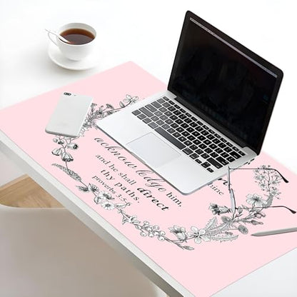 EOBTAIN Pink Large Mouse Pad Bible Verse Keyboard Mat 31.5x15.7 Inch Scripture XXL Extended Desk Mat Smooth Non-Slip Rubber Mousepad Relaxing Spiritual Desk Accessories for Office Home - color: Pink Grey