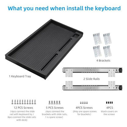 TOOCUST Under Desk Keyboard Tray, 20" Wx11"D Sturdy Key Board Tray Under Desk Slide with Pen Tray, Desk Extender with Pen Holder,Black - size: 20"Wx11"D