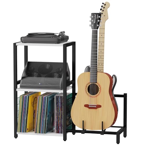 End Table with Guitar Stand,Record Player Stand,Vinyl Records Storage,2-Tier Guitar Stand for Acoustic, Electric Guitar,Bass,Turntable Stand Side Table for Music Room Studio Living Room-Modern White - color: Modern White