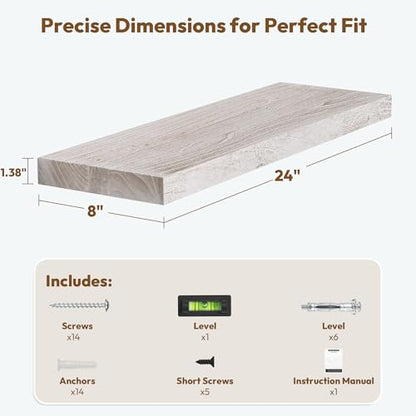 Flat Edge Elm Wood Floating Shelf with Invisible Bracket 24”Weathered White - color: Weathered White, size: 24”,set of 2