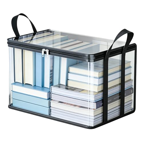 Clear Book Storage Bag with Reinforced Handles - Heavy Duty Plastic Comic Book Organizer & DVD Storage Bin - Collapsible Media Tote with Zipper Lid for Books, Journals and Albums - 15" x 9.5" x 12.5" - color: Black, size: 1-Pack