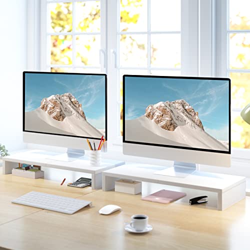 TEAMIX 2 Pack White Monitor Stand Riser - 20 inch, Wooden Desktop Stand for PC/TV/Laptop/Printer, Monitor Riser with Storage, Computer Stand with Keyboard Organizer - color: White, size: 2 Pack-20 inch