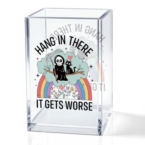 Hang In There It Gets Worse Acrylic Makeup Brush Pencil Holder Cup, Funny Grim Reaper Black Cat Pen Holder For Friends HR Nurse, Dark Humor Funny Office Gifts for Coworkers, Mental Health Gifts - color: rainbow & black