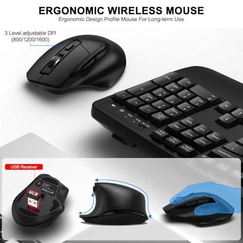 Wireless Keyboard and Mouse Combo, 2.4G Full Size Wave Keys Ergonomic Keyboard with Wrist Rest and 3-Level DPI Adjustable Wireless Ergonomic Mouse for Windows, Mac OS Desktop/Laptop/PC(Black) - color: Black