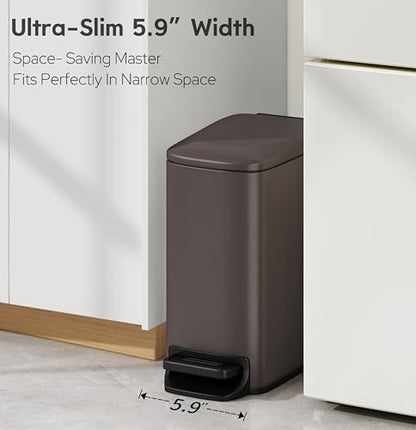 TIPGO Slim Bathroom Trash Can with Lid Soft Close, Step Pedal, 6 Liter / 1.6 Gallon Stainless Steel Trash Bin, Small Garbage Cans for Bedroom, Office, Kitchen (Brown) - color: Brown