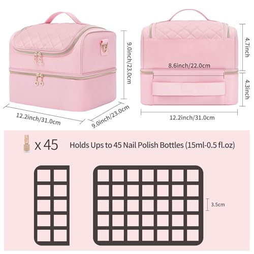 CUBETASTIC Nail Polish Organizer Case, Nail Supplies Storage Box Holds Nail Polish Bottles & Nail Lamp, Travel Nail Tech Carrying Case, Nail Kit Bag For Nail Stuff & Manicure Tools (Pink, 45 Slots) - color: Pink, size: 45 Slots