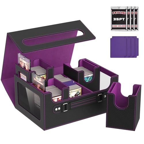 Commander Deck Box for MTG Fits 400+ Double-Sleeved Card Storage, 4 IN 1 Removable Card Case with Multi-purpose Deck Case, Display Window for TCG/PTCG/EDH, 4 Magnetic One Touch Holders(Black Purple) - color: Black Purple