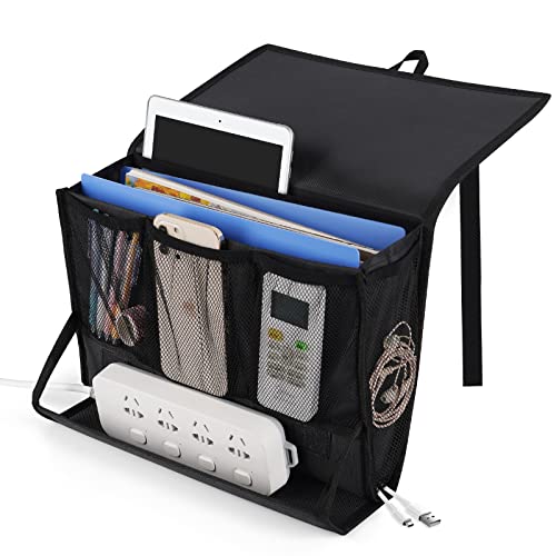Bedside Storage Organizer with Power Strip Holder and Adjustable Straps Bed Hanging Bag for Home Bunk Bed Dorm Sofa (Black) - color: Black