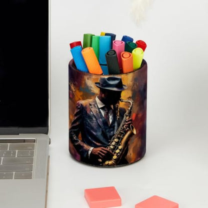 Gentleman Playing the Saxophone Pen Holder Pencil Organizer for Desk, 3.1” x 3.1” x 3.9” Pencil Cup Office Supplies, Large Capacity Cute Pen and Makeup Brush Holder for Home, School, Desktop - color: Gentleman Playing The Saxophone