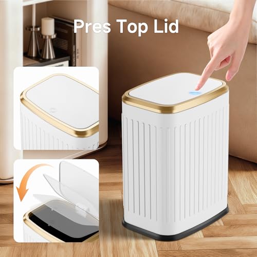 TIPGO Bathroom Trash Can with Lid, 2.1 Gallon / 8 Liter Small Garbage Can, Press Top Bin, Stainless Steel Wastebasket with Pop-Up Lid for Bedroom, Living Room, Office (White) - color: White