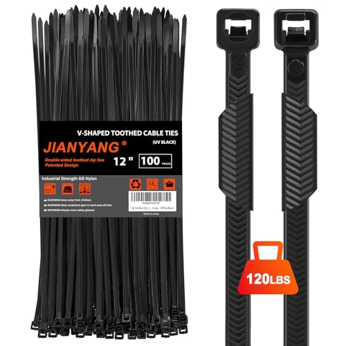 Zip Ties Heavy Duty 12 inch，V-Shaped Toothed Double Sided With 120 LBS Tensile Strength Cable Ties ，Extra Large Wire Ties Adjustable Nylon Tie Wraps for Indoor Outdoor Patented Design（100 Pack Black） - size: 12 Inch V Shaped 100 Pack （120 Lbs ）